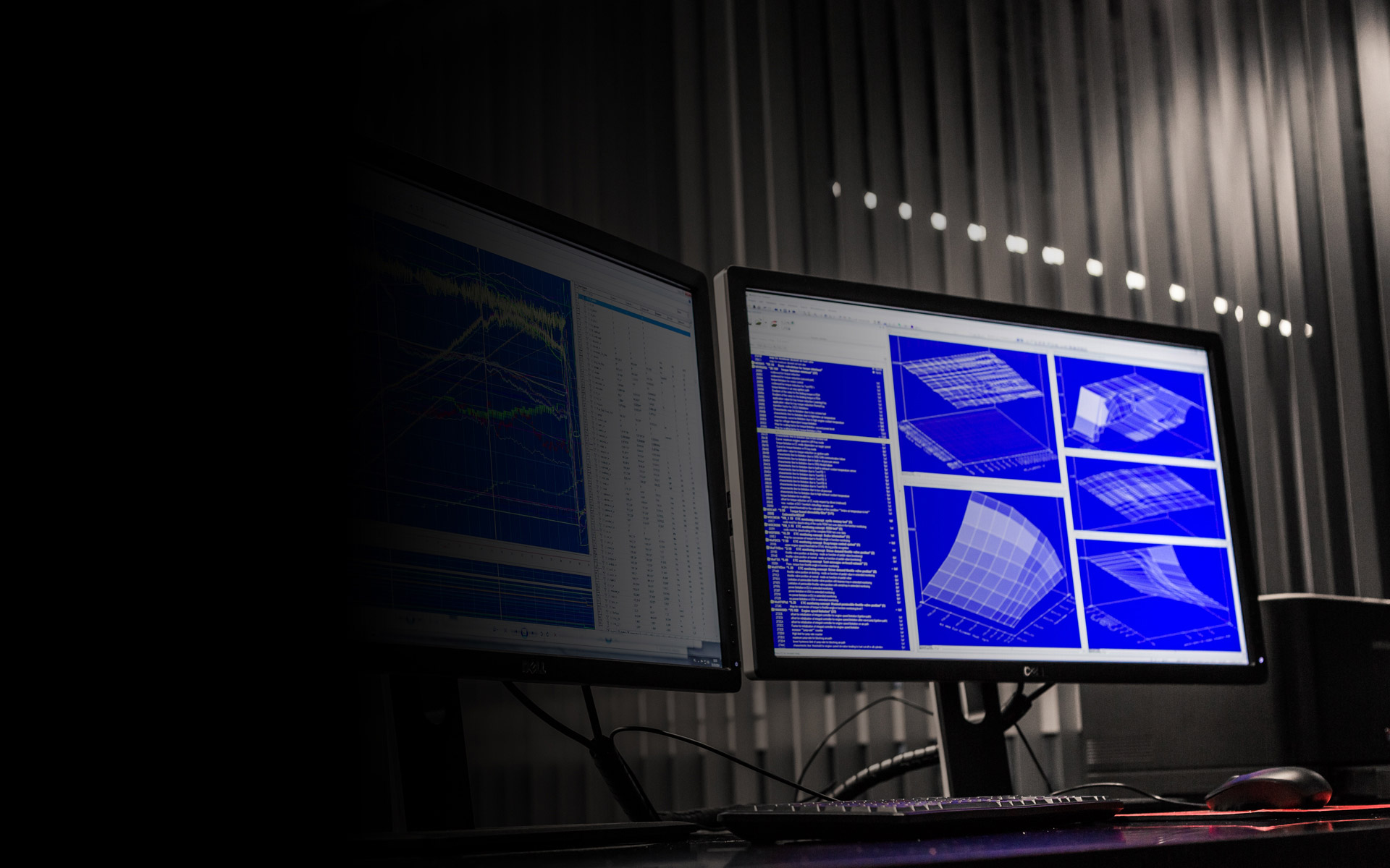 Dual monitors showing WinOLS 3D map views and dyno graphs